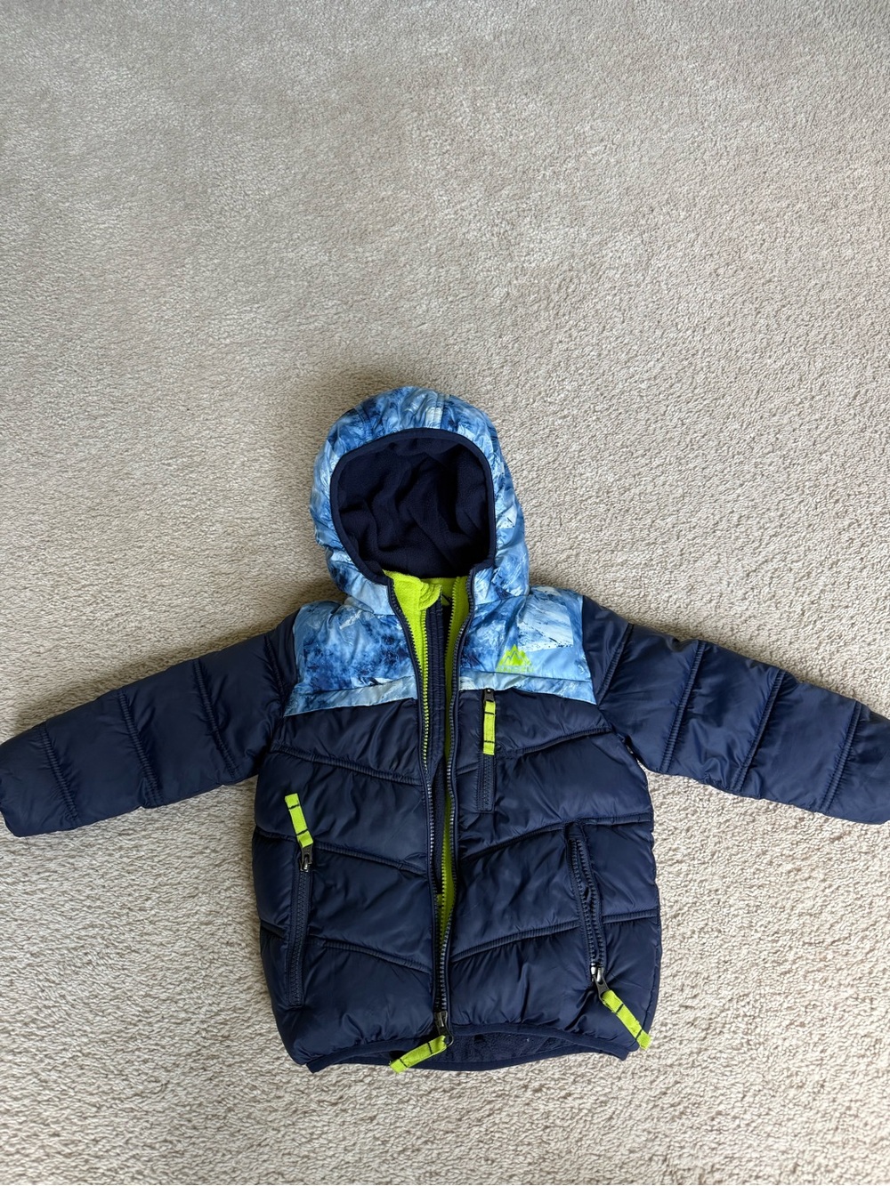 Snozu Navy Puffer Jacket with Blue Printed Hood and Lime Accents
